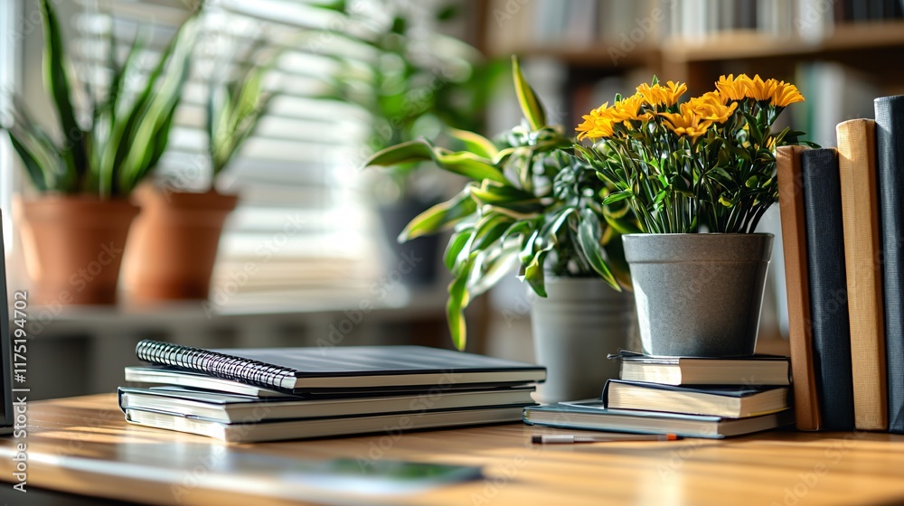 Poster financial literacy books and notebooks neatly stacked on a desk stock photo with side copy space