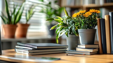 Financial literacy books and notebooks neatly stacked on a desk Stock Photo with side copy space