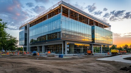 Obraz premium Modern Office Building Under Construction At Sunset