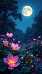 Moonlit garden with ethereal flowers glowing softly, ethereal, moonlight
