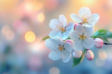 Fototapeta premium Cherry blossoms bloom beautifully in spring, showcasing delicate white petals against a vibrant background