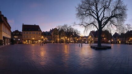 A tranquil panorama of the Old Town square at dusk, with glowing streetlights and a serene ambiance