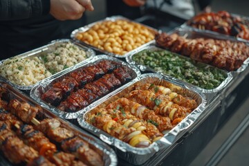 Fototapeta premium Delicious assortment of grilled meats and sides from a street vendor in the city