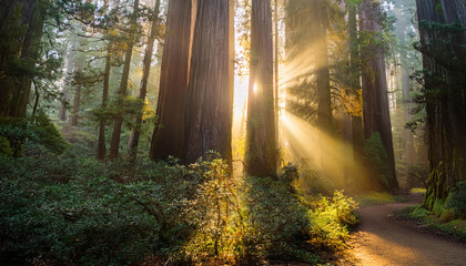 Fototapeta premium sunbeams shine via a foggy redwood woodland in california at sundown