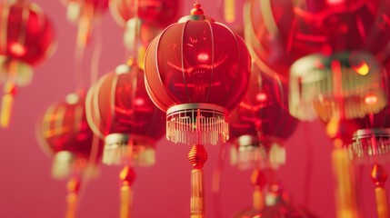 Happy Chinese New Year banner on a red background with a paper-cut clouds and lanterns pattern, and a golden outline of the circular frame border design.