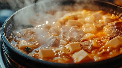 Steaming Tofu and Meat Stew Simmering in a Pan