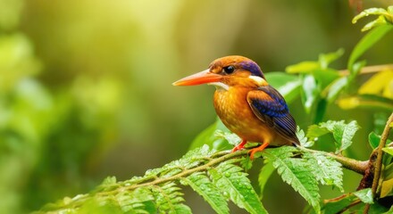 Obraz premium Brightly colored kingfisher perched on leafy branch in lush green environment