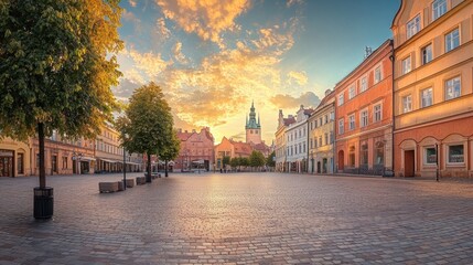 Fototapeta premium A tranquil panorama of the Old Town square at golden hour, with warm light illuminating the historic landmarks