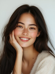 Naklejka premium beautiful Japanese woman with long hair and a bright smile, posing in front of the camera against a white background. She is wearing light-colored that complement her skin tone. Her hand rests on one