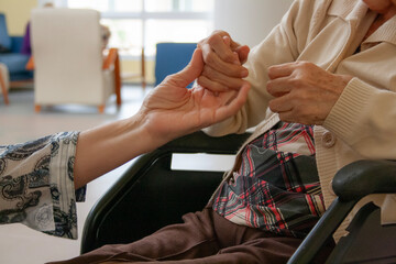 Caregiver assisting an elderly person in a wheelchair.
