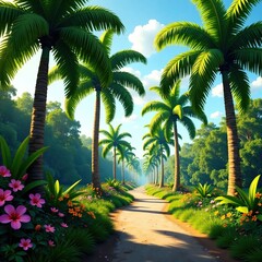 Obraz premium Palm trees with large leaves gently swaying in the breeze amidst lush greenery, botanical garden, flowers