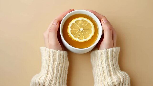 Woman with Herbal Tea banner. Female hands in warm sweater holding a cup of tea with lemon on beige. Top view, copy space. Cozy atmosphere, aesthetic minimal style. Autumn and winter theme. Vitamins