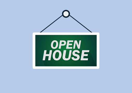 Vector open house hanging sign on blue background