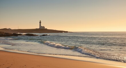 Coastal lighthouse stands tall near waves on serene sandy beach at sunset