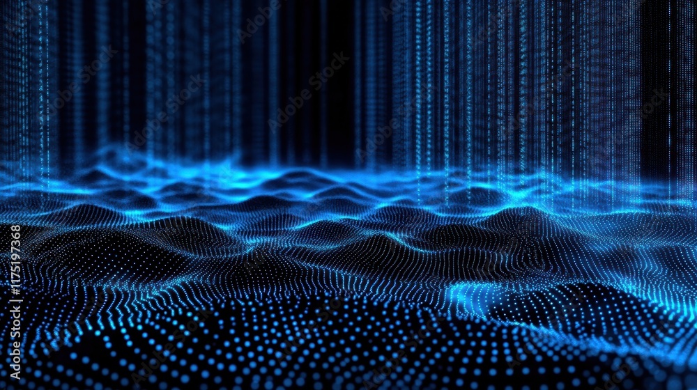 Poster abstract digital landscape with glowing blue dots and lines, creating a futuristic ocean of data and