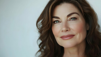 Obraz premium A beautiful mature woman in her 50s with healthy, glowing skin, captured in a close-up portrait against a white backdrop AI Generated