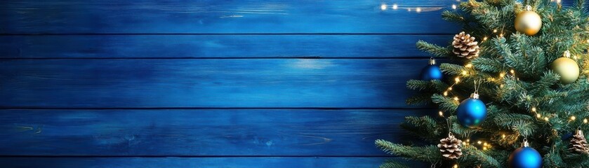 Obraz premium A beautiful Christmas tree adorned with blue and gold ornaments, set against a rustic blue wooden background.