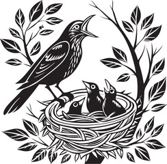 Nestling bird in nest sketch engraving vector illustration. Vector illustration of birds house on white background.