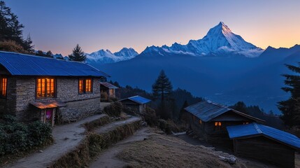 Mountain Village Houses Illuminated At Dusk