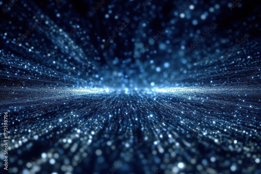 Poster abstract blue background with dynamic particles creating a sense of depth and movement in a digital 