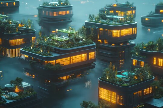 A skyline featuring interconnected modular towers with glowing rooftop spaces and eco-friendly terraces - Powered by Adobe