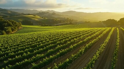 Fototapeta premium Golden Hour Vineyard Rolling Hills Landscape