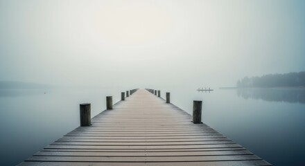 Foggy pier stretches into calm, serene lake Tranquil and ethereal