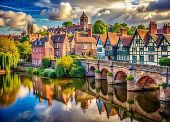 Obraz premium Shrewsbury Shropshire England: Historic Buildings & River Severn Documentary Photography