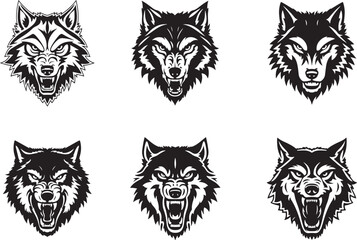 A set of Aggressive wolf head illustrations in black and white, vector style, perfect for logos or tattoos.
