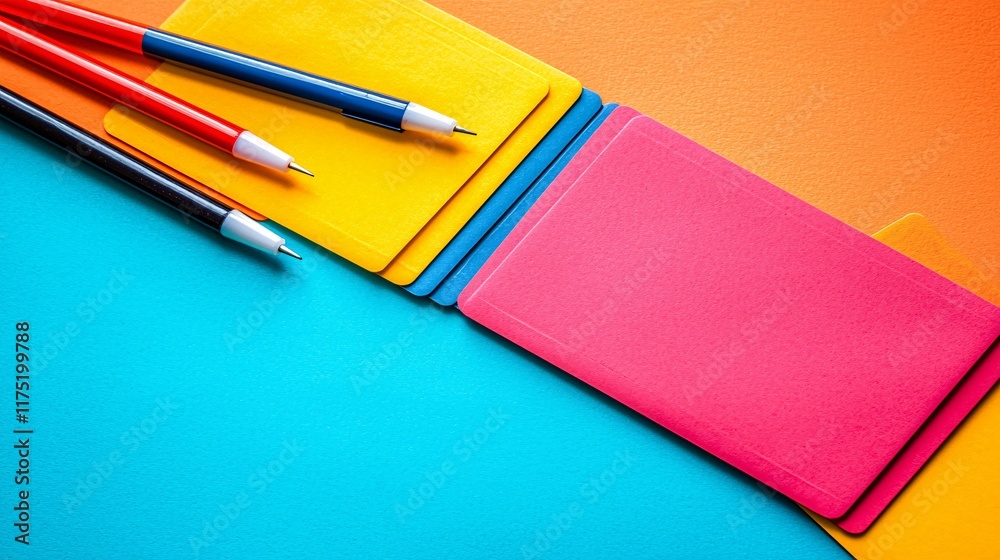 Poster credit card management tools like envelopes and markers arranged stock photo with side copy space