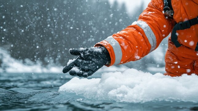 Emergency responder in bright orange gear extends a hand over a snow-covered ice sheet to save a person in distress