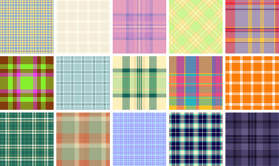 Vibrant collection of 16 seamless plaid patterns. Diverse color palettes  textures ideal for fashion, textile design, web backgrounds,  more.  High-resolution image perfect for print  digital projects