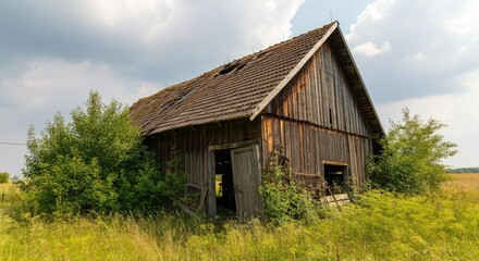 Obraz premium Old wooden barn in overgrown field on cloudy day