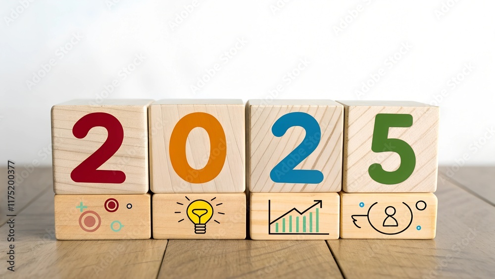 Fototapete happy new year 2025 and goals. target icon on a round wood block and white 2025 number on red small 