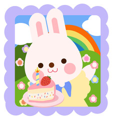 Celebration bunny birthday with colorful flowers, party cake, rainbow.