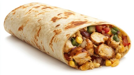 A chicken wrap neatly folded and cut at an angle, revealing its colorful fillings, isolated on white