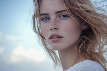 Fototapeta premium Close-up portrait of a freckled woman with blue eyes and wavy hair, gazing softly under natural light.