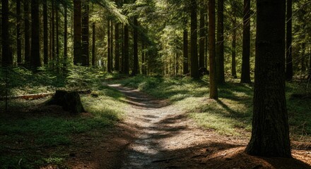 Obraz premium Sunlit forest path surrounded by tall, dense trees and lush greenery