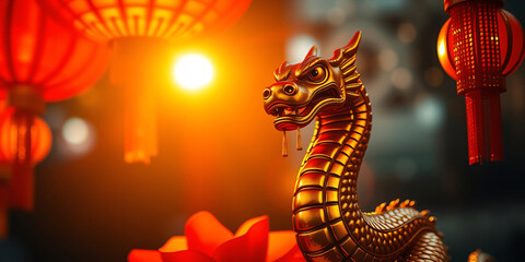 Fototapeta premium Golden Dragon Statue amidst Festive Red Lanterns: A Celebration of Chinese Culture