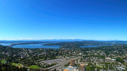 Obraz premium Aerial View of Seattle Waterfront Cityscape and Mountains