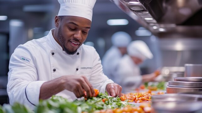 In a stylish culinary school a skilled chef teaches a small group to chop fresh vegetables with precision and care promoting culinary skills