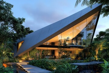 Fototapeta premium A sleek, angular home with a glass facade and integrated LED lighting, surrounded by lush landscaping