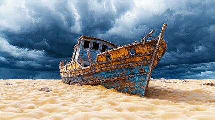 Deserted shipwreck amidst stormy skies beach digital art dramatic landscape low angle abandonment and nature's fury
