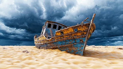 Gordijnen Deserted shipwreck amidst stormy skies beach digital art dramatic landscape low angle abandonment and nature's fury © Tee nuT
