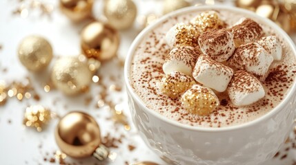 Warm and inviting hot cocoa topped with golden roasted marshmallows and cocoa powder surrounded by shimmering holiday decorations