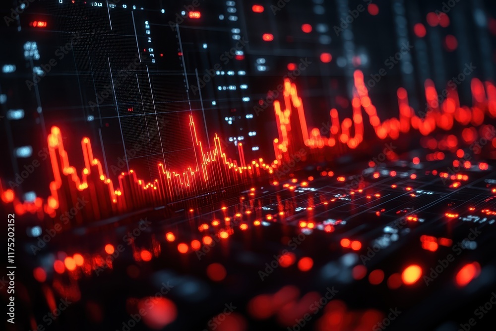Poster data visualization displays fluctuating trends with vibrant red lines representing complex metrics