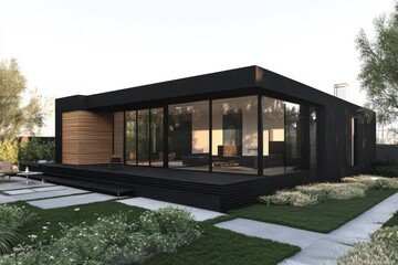 Fototapeta premium A sleek black minimalist home with horizontal wood accents, expansive glass walls, and a serene courtyard