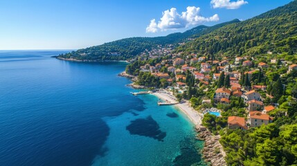 Fototapeta premium Coastal view of a charming village by the blue sea on a sunny day