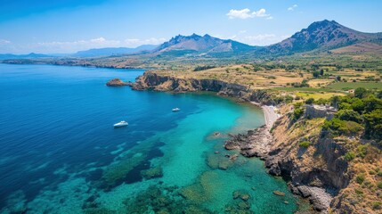 Fototapeta premium Vibrant coastal landscape featuring clear blue waters and rocky shorelines