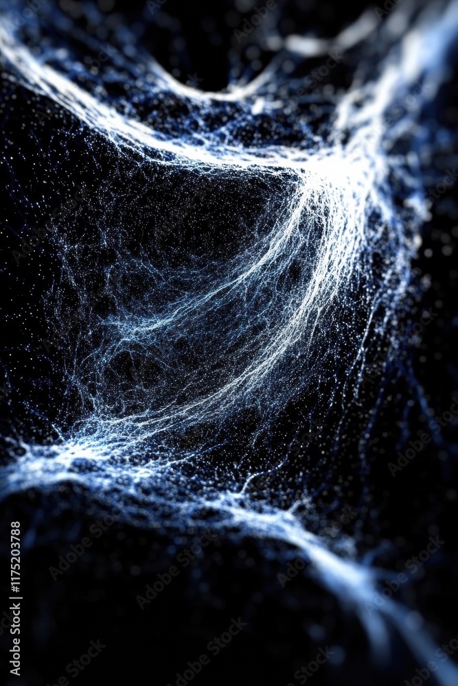 Poster abstract web structure with glowing fibers and dark background, creating a mystical and ethereal atm